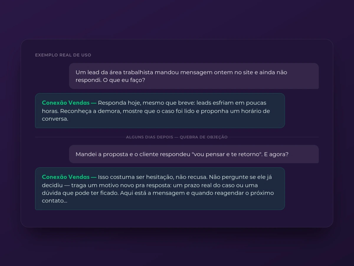 Não é um robô de mensagens. É um consultor comercial dentro da sua IA.